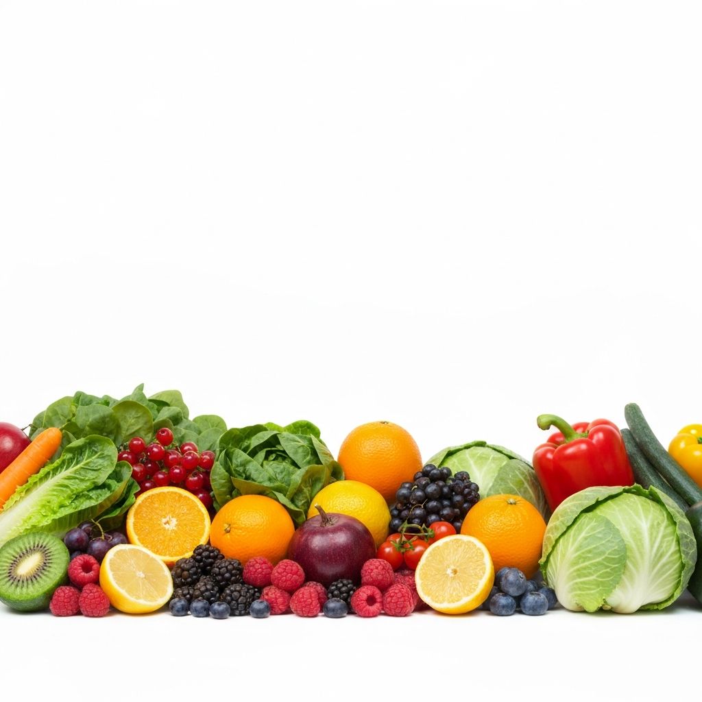 Colorful variety of fresh fruits and vegetables representing balanced nutrition